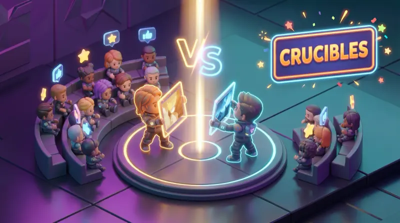 “Crucibles” illustration: two characters face off in an arena