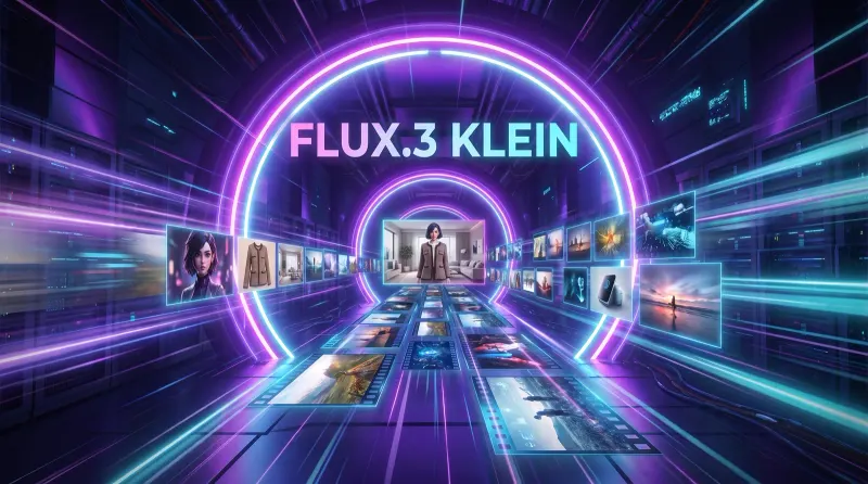 “Flux.3 Klein” title over a neon tunnel lined with images