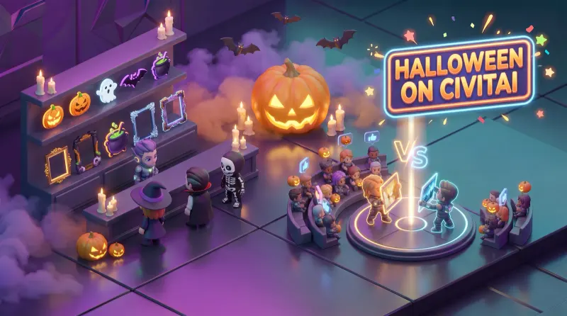 “Halloween on Civitai” illustration with pumpkins and creators’ booths