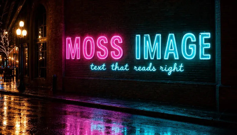 Neon sign reading “MOSS Image — text that reads right”