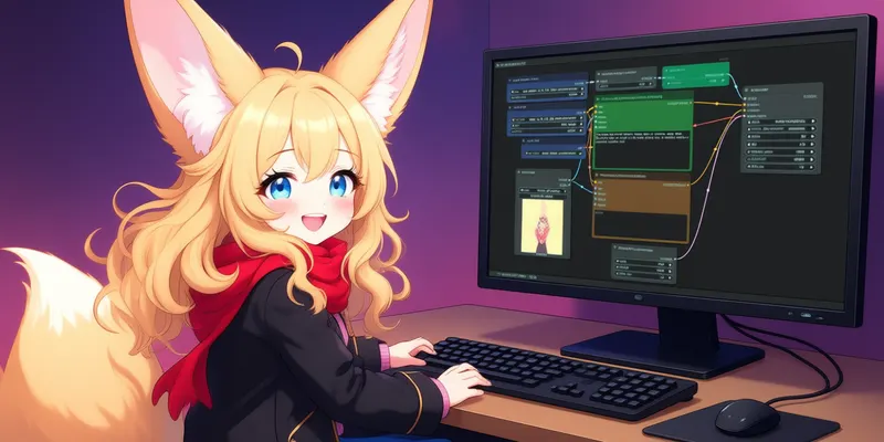ComfyUI GitHub repository preview: a fox-eared anime character at a computer showing a node workflow