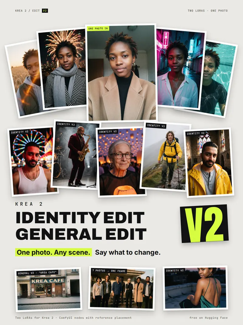 Krea 2 Identity Edit V2 poster: one person placed in many scenes, with the text “One photo. Any scene. Say what to change.”