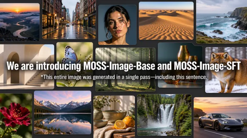 MOSS-Image teaser: a grid of generated photos around the text “We are introducing MOSS-Image-Base and MOSS-Image-SFT”