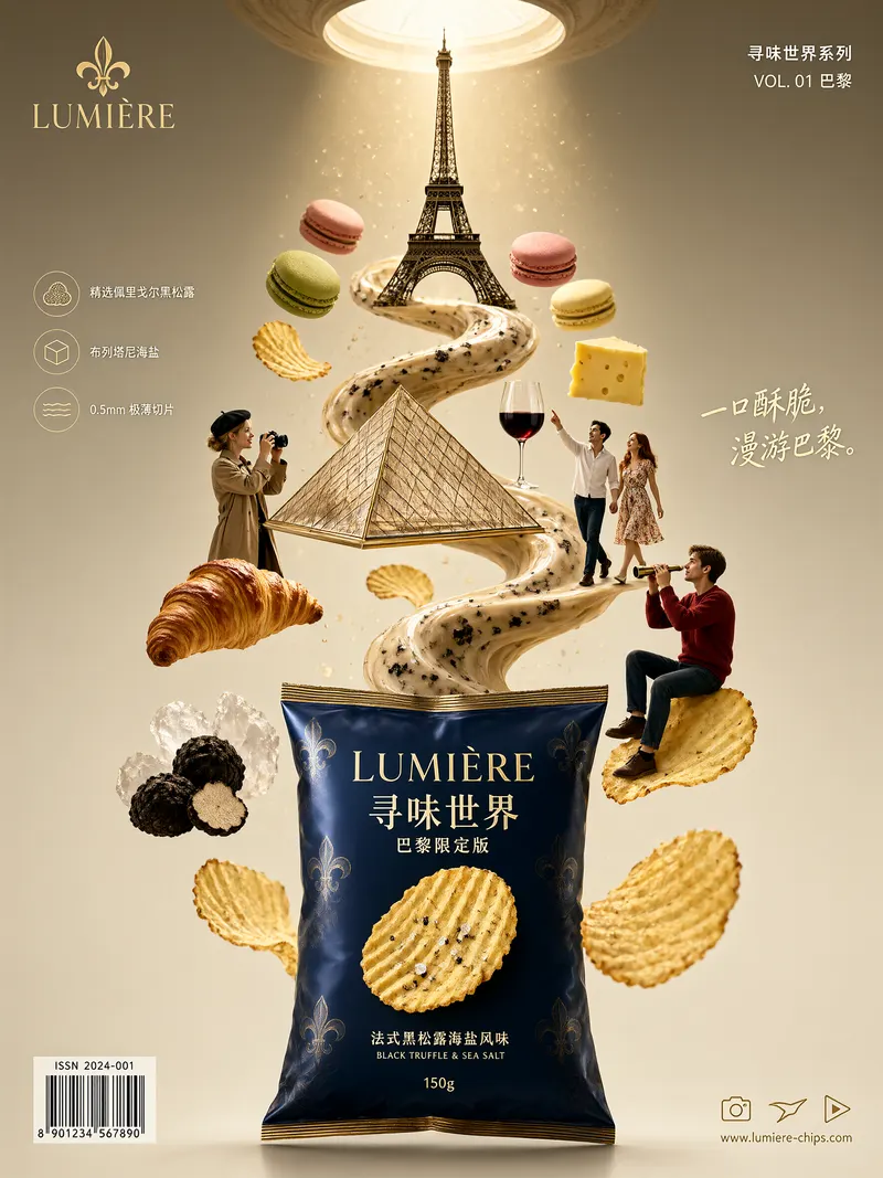 Sample poster generated with Qwen-Image-2.1-Turbo: a snack packaging ad with Paris landmarks