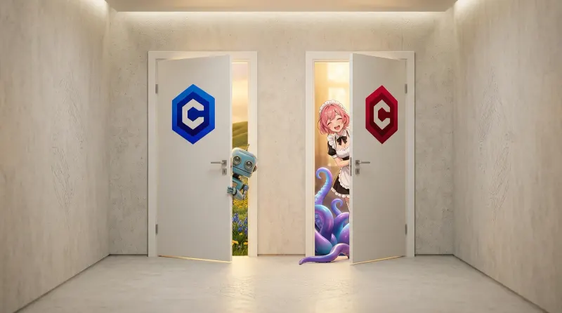 Two doors, one marked with the blue Civitai .com logo and one with the red civitai.red logo